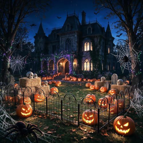 Decorative Garden Fence 17in x 10ft,10 Panels,Metal Halloween Fence Black