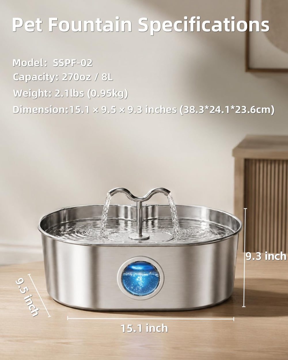 8L/270oz/2Gallon Stainless Steel Dog Water Fountain Pet Fountain