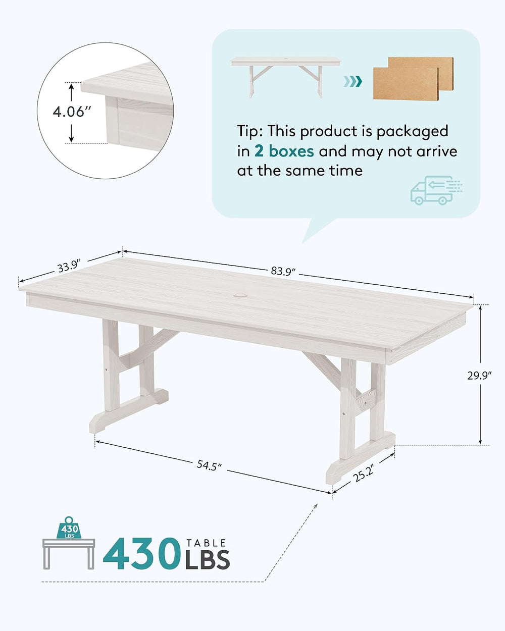 SERWALL Outdoor 84" HDPE Rectangular Dining Table for 6-8,All-Weather,White