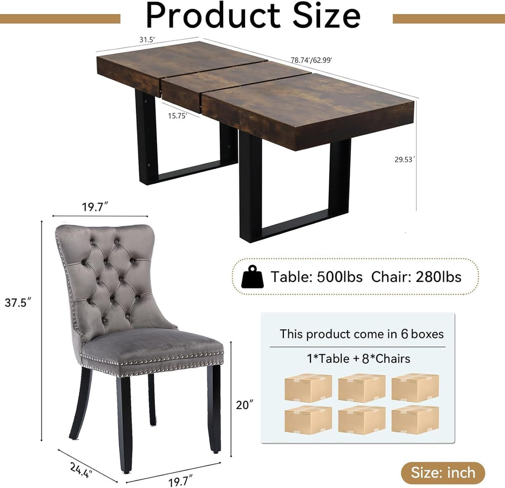 9-Piece Extendable Dining Table Set for 8, 63-78 Inch Rustic Brown Kitchen Ta...