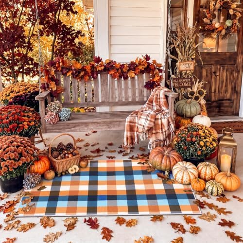 Breling Fall Plaid Door Mat Outdoor Porch Entry, Plaid, Blue and Orange