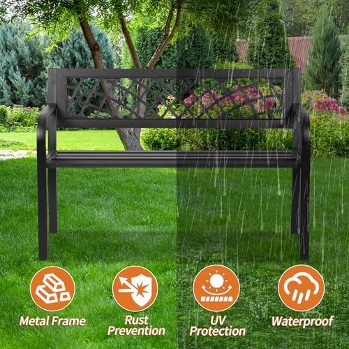 Outdoor Bench,Patio Garden Benches,Metal Weatherproof Porch Bench with Grid-P...