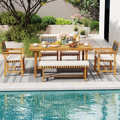 Tangkula 6 Piece Patio Dining Set for 5-6 People, 63” Outdoor Acacia Wood Tab...