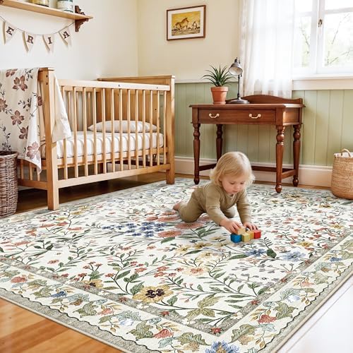 6x6 Washable Area Rug Living Room: Floral Non-Slip Washable Mat for Indoor Fl...