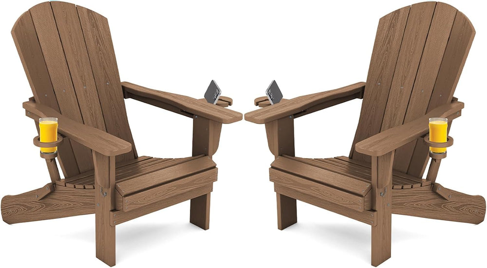 SERWALL Outdoor Adirondack Chair Set of 2 with Cup Holders,Foldable,Brown