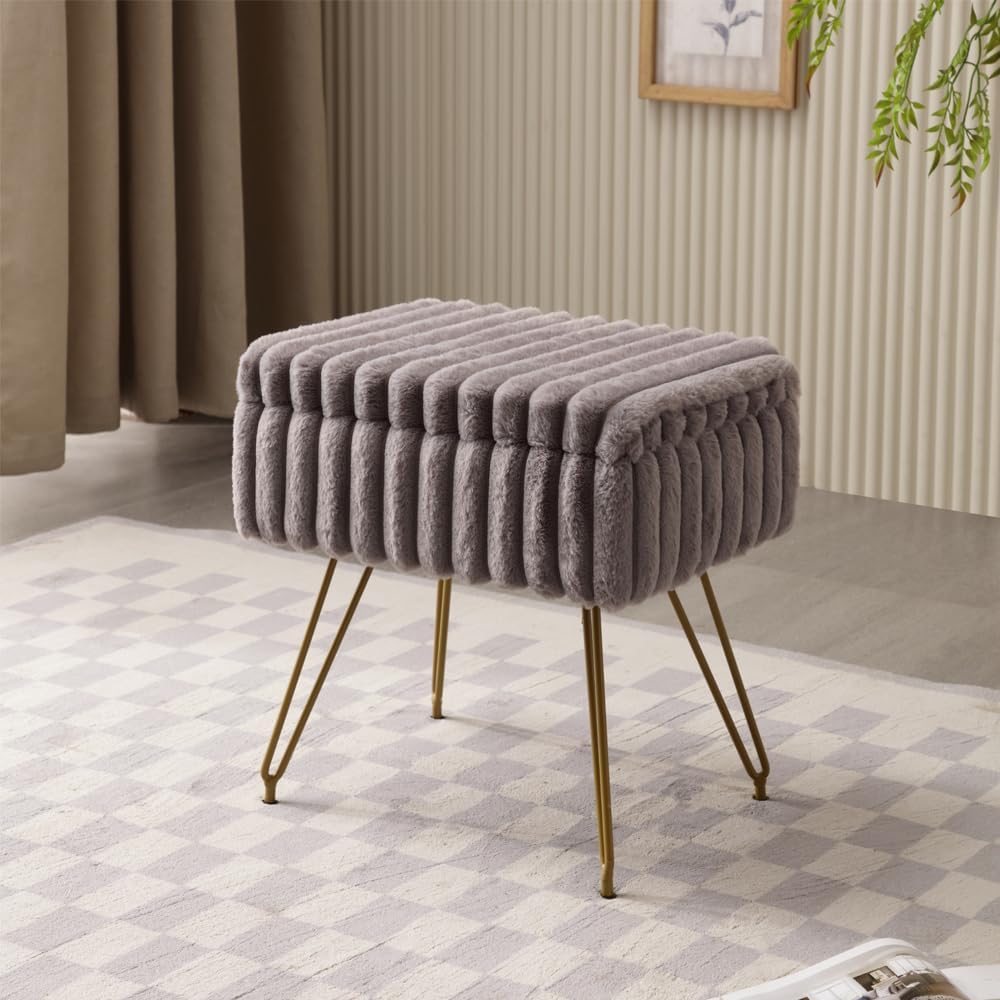 Faux Fur Storage Ottoman, Modern Soft Footstool, Storage Bench with Metal Leg...
