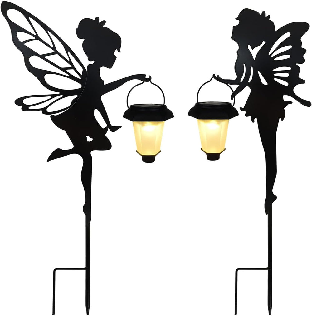 SUNNYPARK 2 Pack Solar Fairy Garden Metal Stake Decorative Lantern