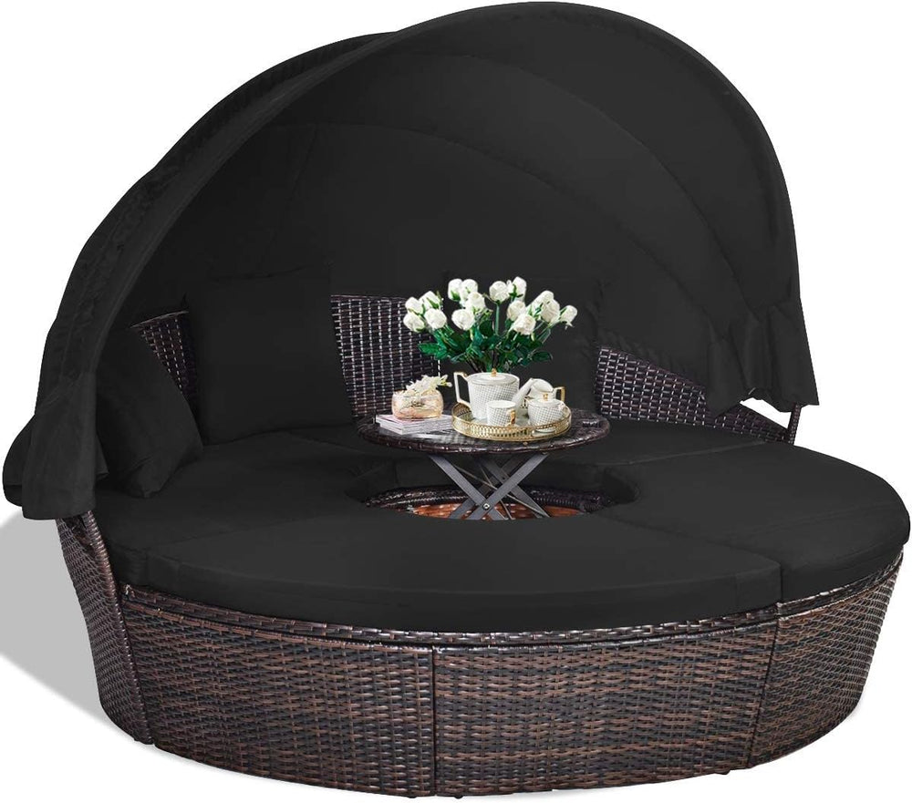 HAPPYGRILL Outdoor Daybed with Canopy, Wicker Rattan Sectional Sofa with Coff...
