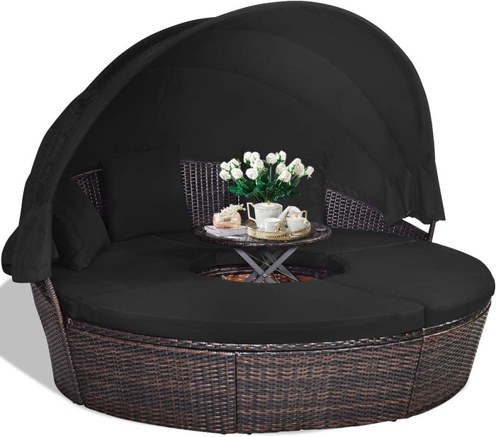 HAPPYGRILL Outdoor Daybed with Canopy, Wicker Rattan Sectional Sofa with Coffee Table, Cushions, Patio Conversation Set for Lawn Garden Backyard Poolside