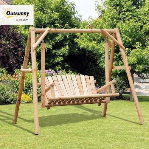 Outsunny 2-Seat Porch Swing w/Stand Wooden Patio Swing Chair Bench Natural
