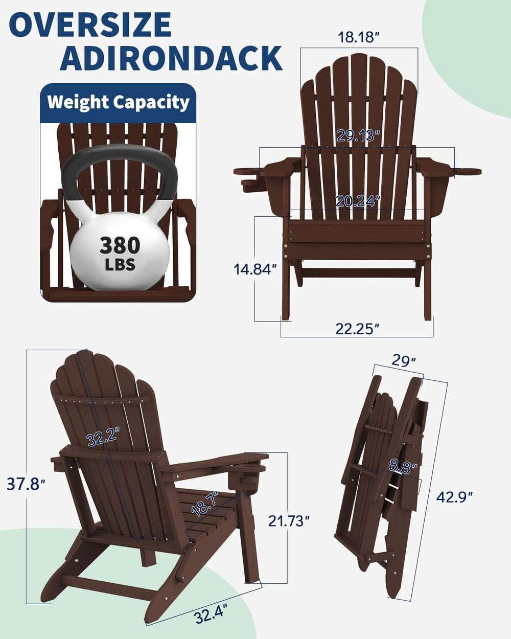 Plawdlik Outdoor HDPE Folding Adirondack Chair Set of 4, High Back Wide Seat ...