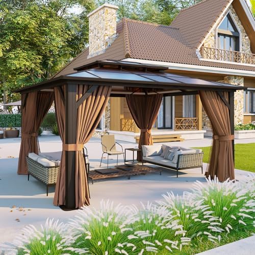 Aoxun 12'x10' Hardtop Gazebo with Polycarbonate Double Roof, Brown