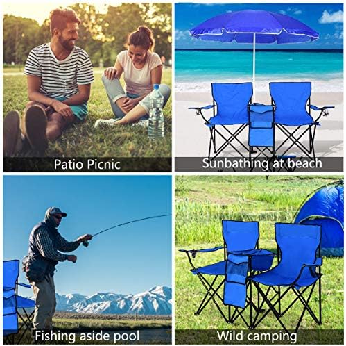 Goplus Double Camping Chair with Umbrella, Folding Loveseat Chairs w/Canopy S...