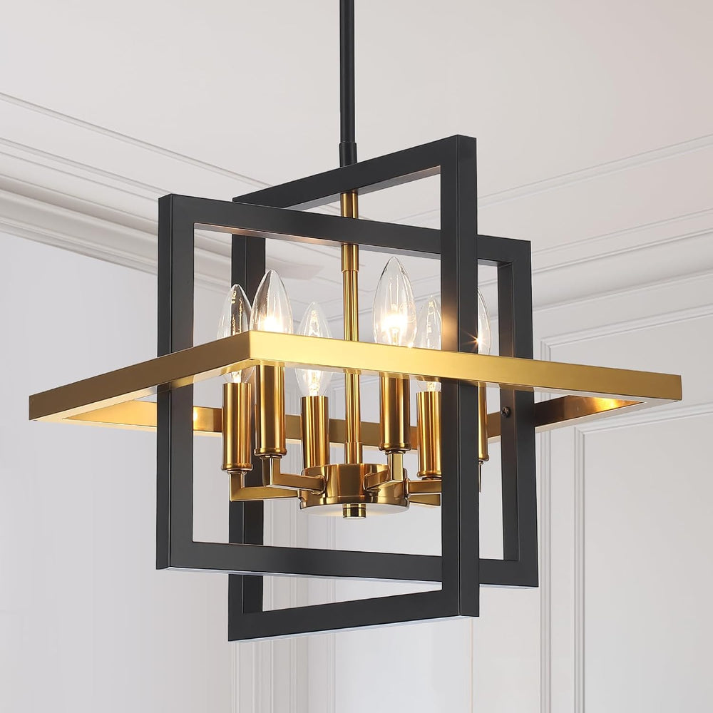 Small Black and Gold Chandelier- 6 Lights Geometric Pendant Light Fixture