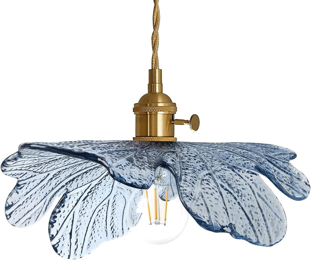 Vintage Glass Pendant Light Gold Brushed Brass Hanging Light with Blue Flower...