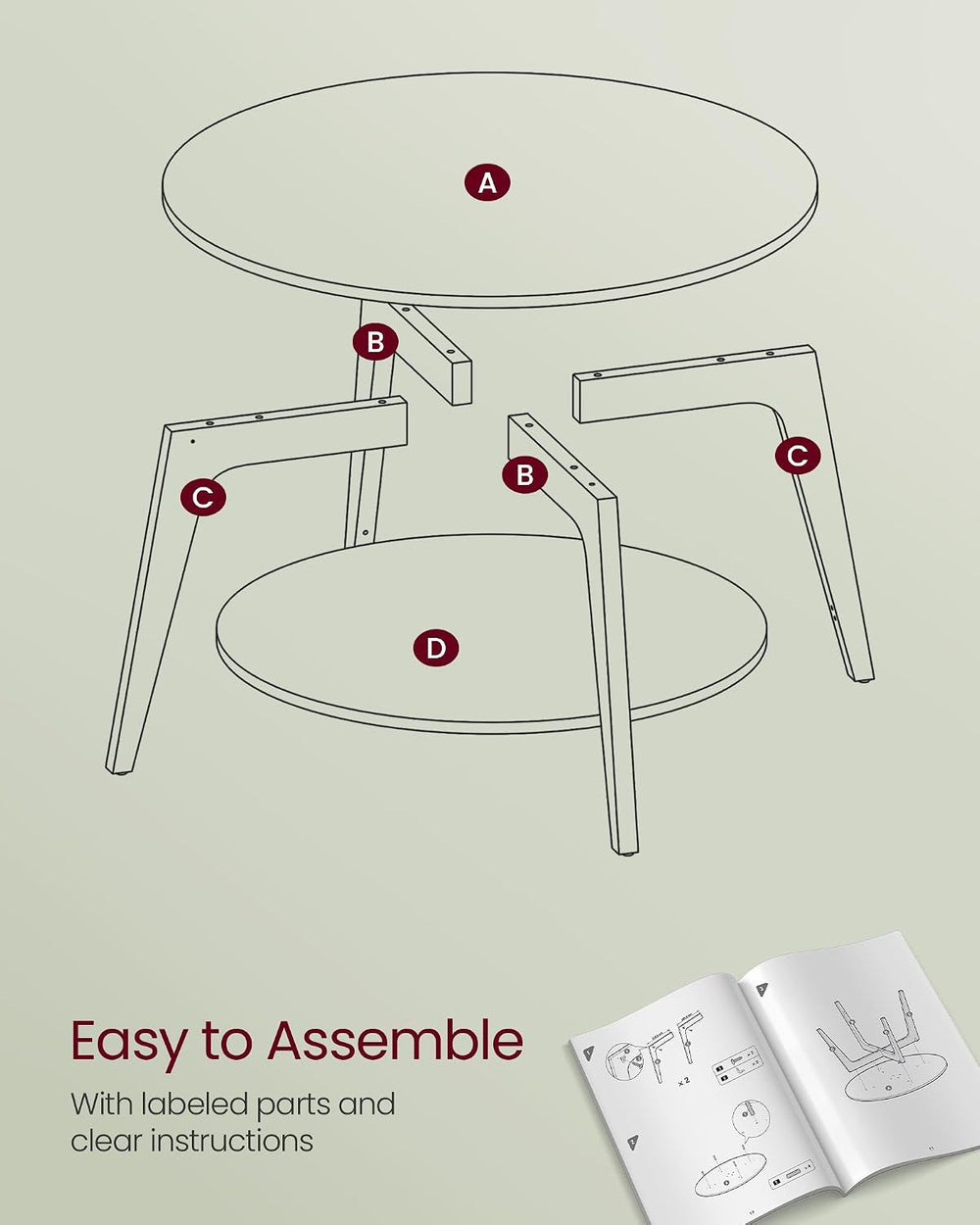 VASAGLE Round Coffee Table, 2-Tier Center Table with Storage, Tapered Legs