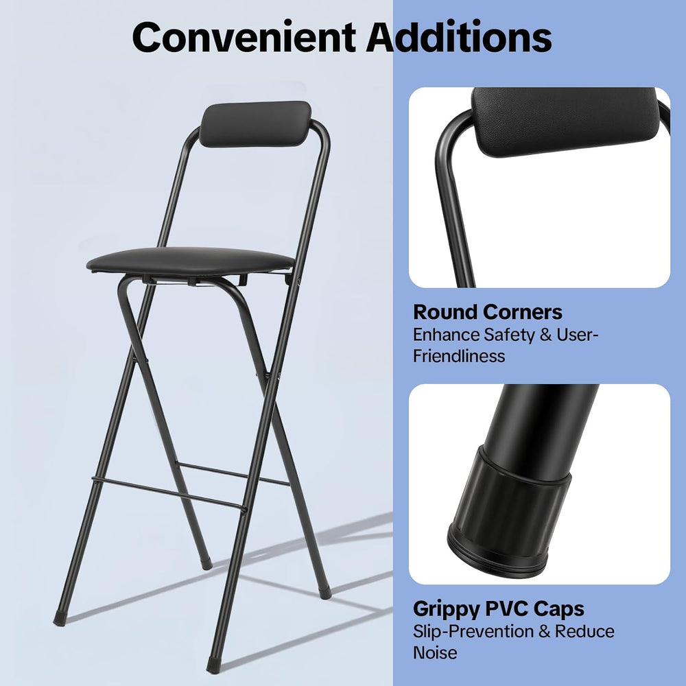 2pcs Folding Bar Stool with Backrest 30 Inch Seat Height PU Cushioned Padded ...
