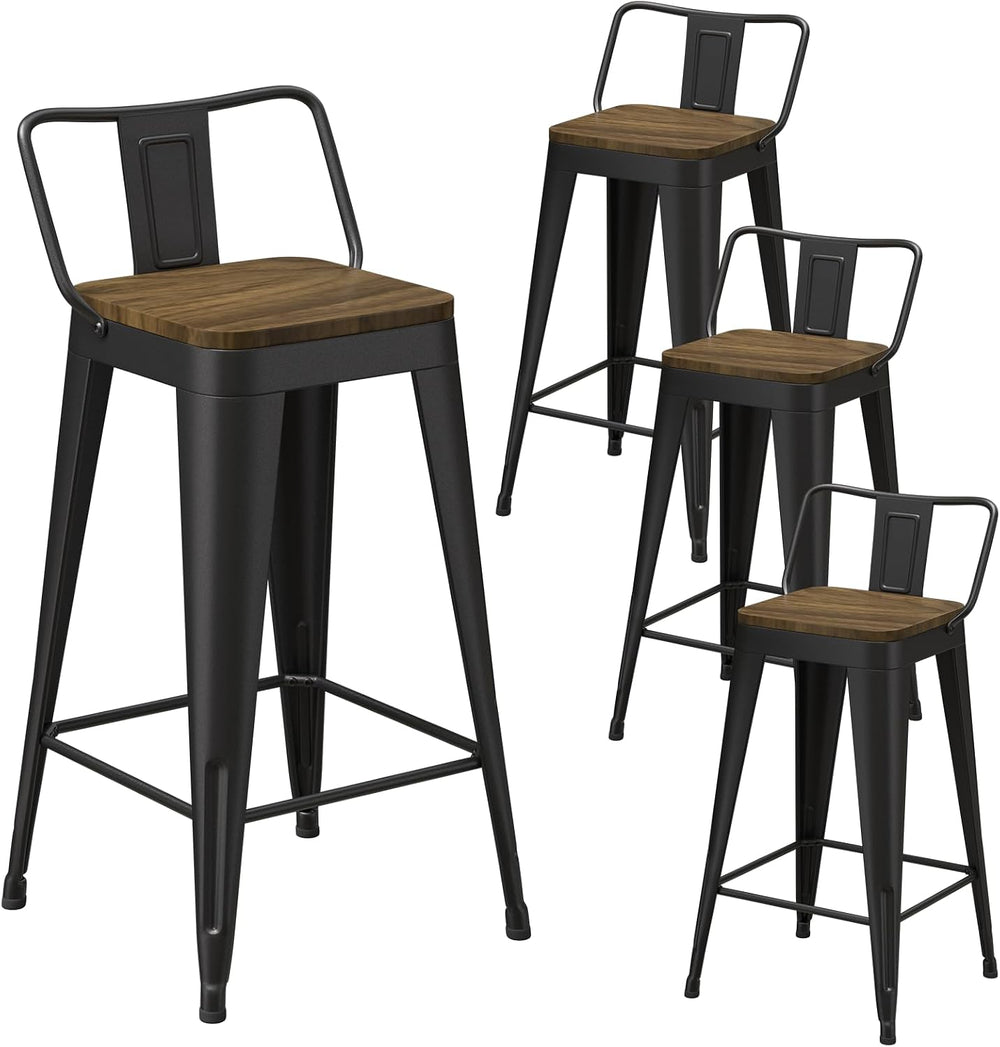 Black Bar Stools Set of 4, Metal Bar Stools with Wooden Seat, Modern 24”Count...