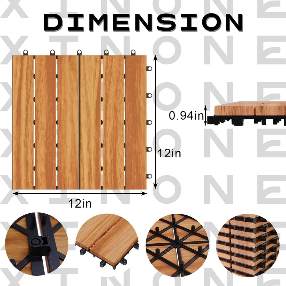 Acacia Wood Deck Tiles, 12" x 12" Interlocking Outdoor Flooring for...