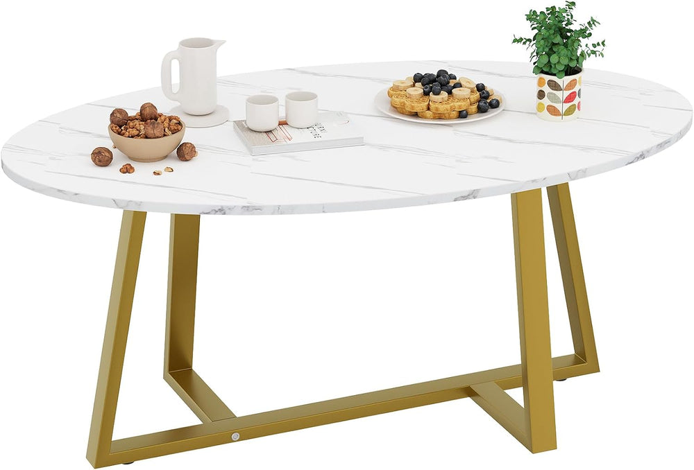 Wolawu Coffee Table White Faux Marble Coffee Table for Living Room,Oval Cente...