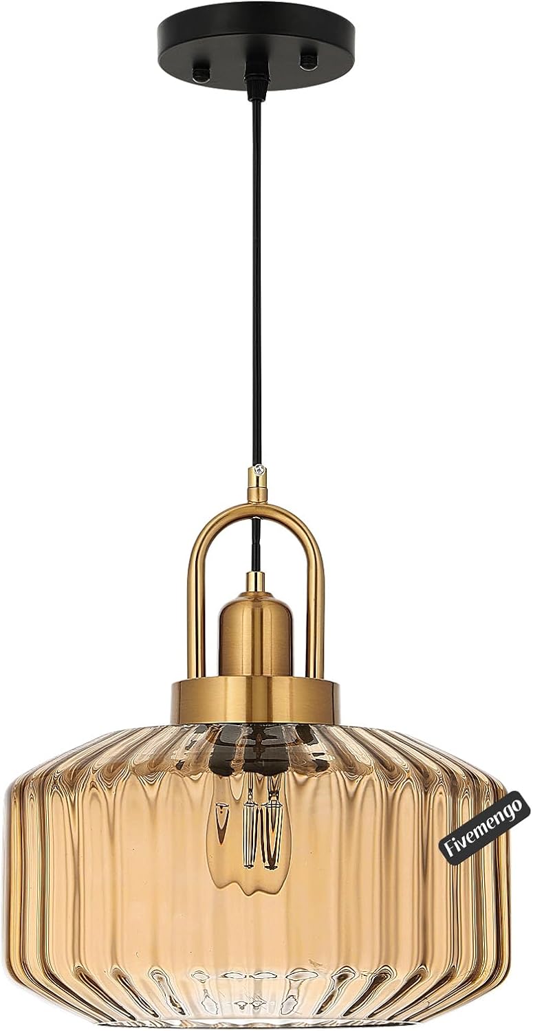 11.8in Mid Century Modern Pendant Light, Gold Large Amber Glass