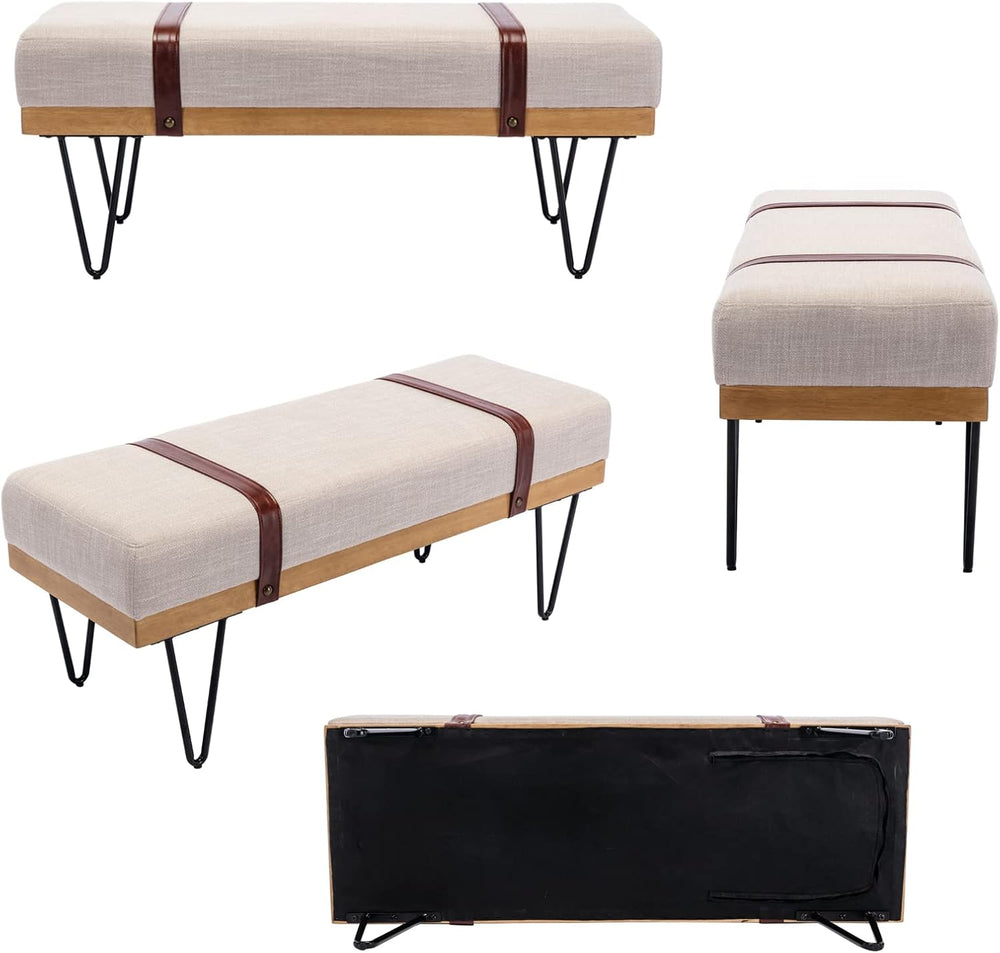 DUOMAY Industrial Modern Linen Rectangle Ottoman Bench, Beige