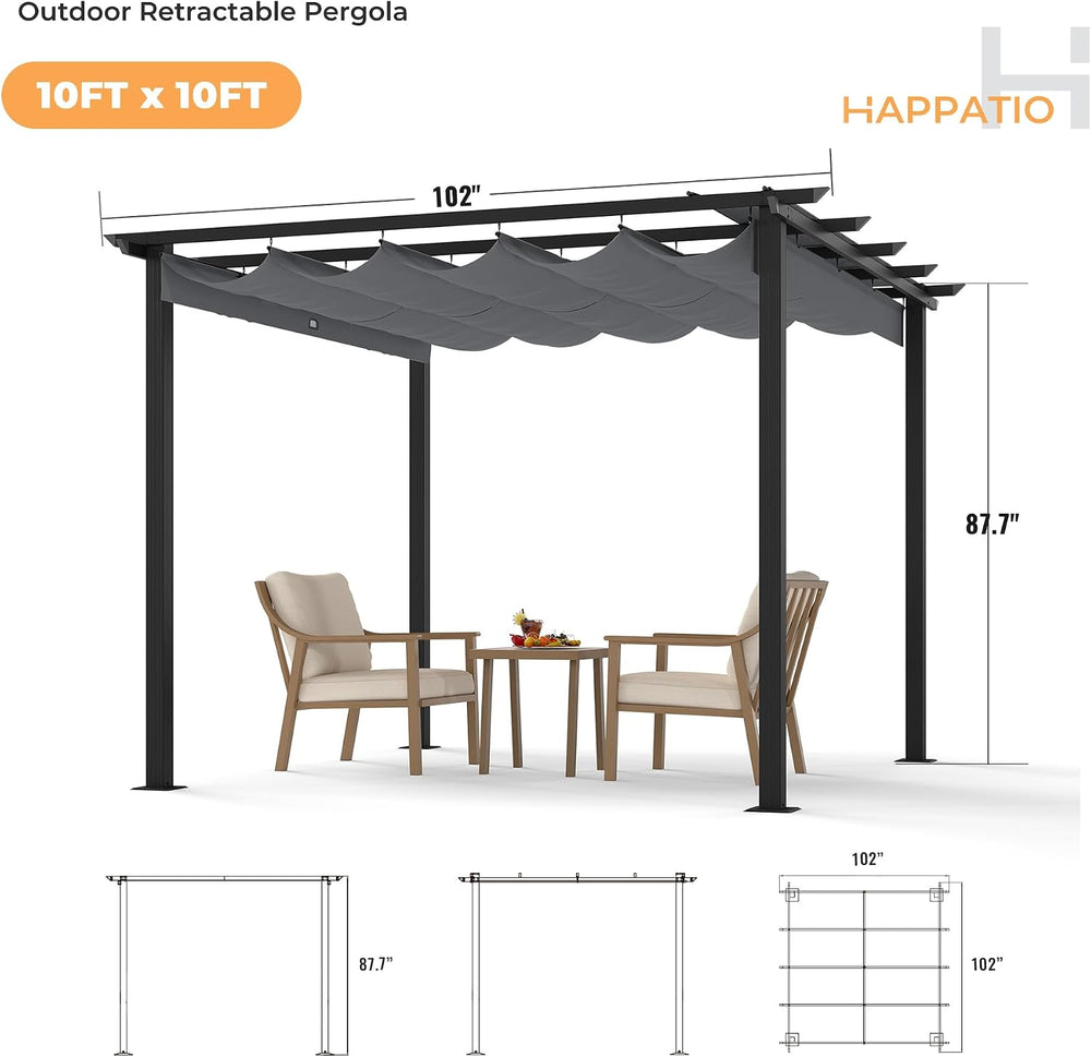 HAPPATIO 10' X 10' Retractable Pergola with Sun Shade Canopy, Patio A...
