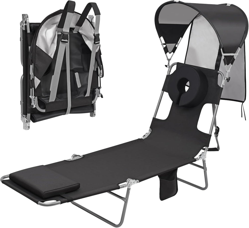 Backpack Beach Tanning Lounge Chair with Canopy Shade Face Hole Padded Adjust...