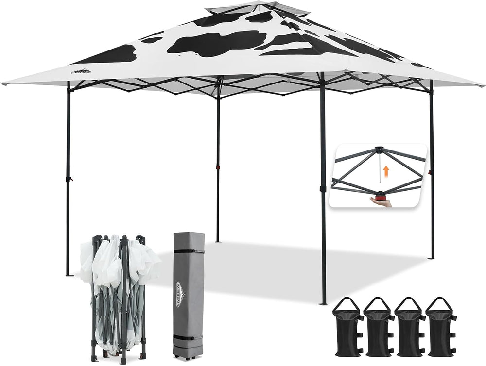 EAGLE PEAK 13x13 Pop Up Canopy Tent, Auto Extended Eaves, Cow Print