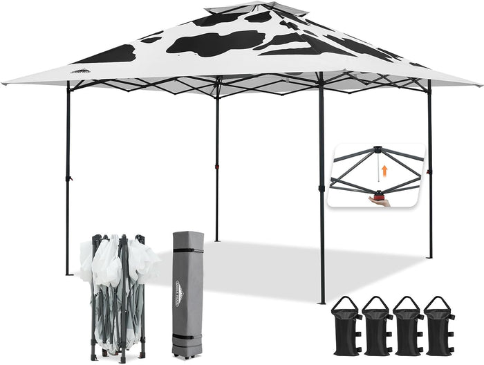 EAGLE PEAK 13x13 Pop Up Canopy Tent, Auto Extended Eaves, Cow Print