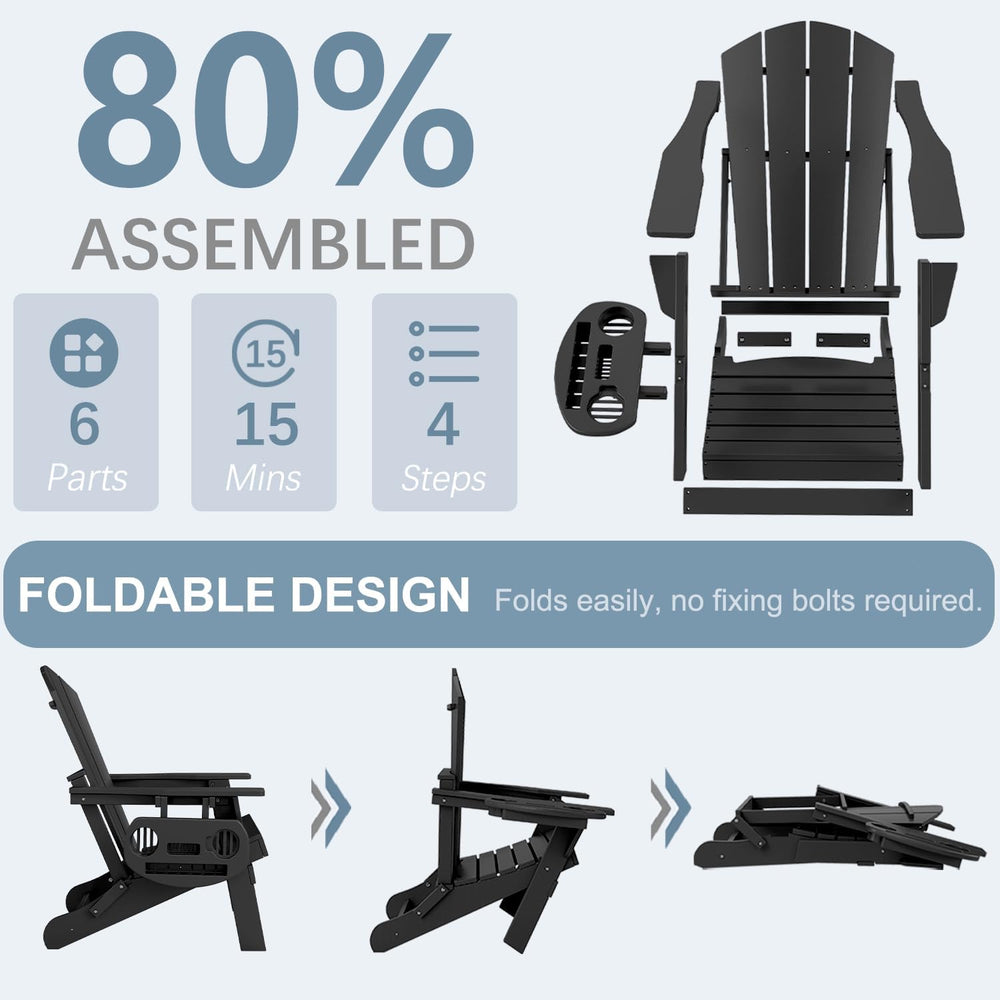 NAVINE Folding Adirondack Chairs with 4-in-1 Cup Holder for Fire Pit, Black