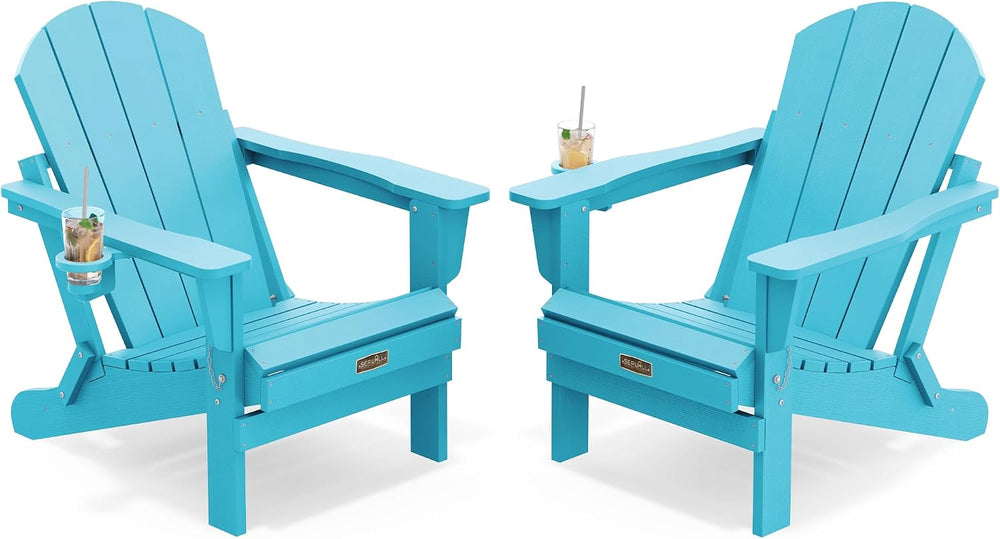 SERWALL Patio Folding Adirondack Chair Set of 2 with Cup Holder -Aruba Blue