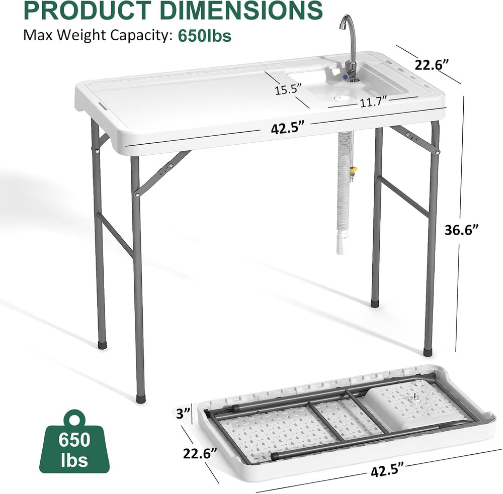 42.5" Fish Cleaning Table with Sink, Folding Camping Table & Fish Cl...