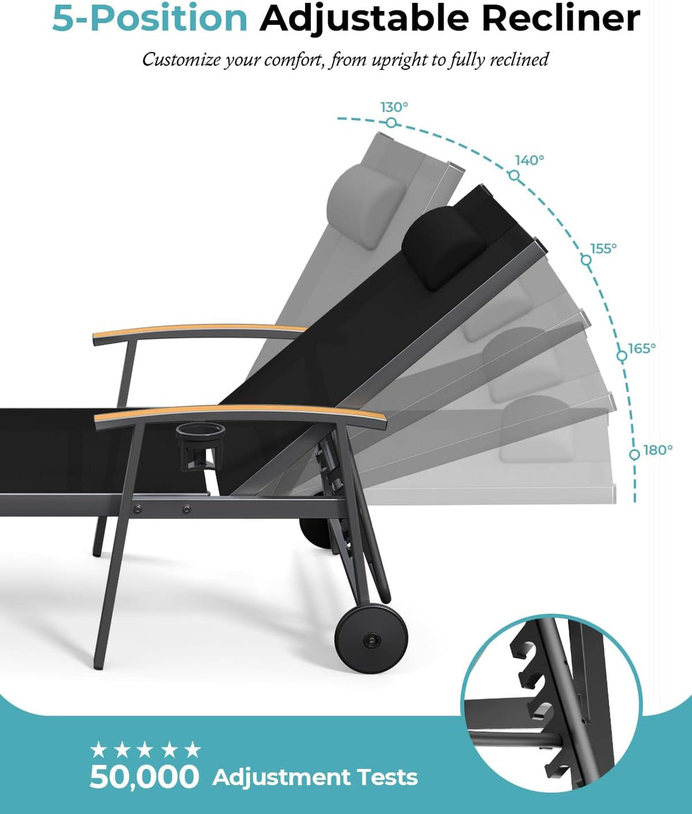 Ciokea Outdoor Lounge Chair with Pillow, 5-Position Aluminum Chaise Lounge wi...