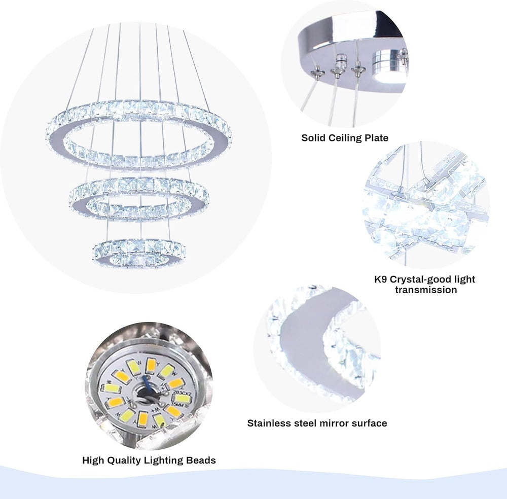 3-Ring Crystal Pendant Light, Adjustable LED, Cool White