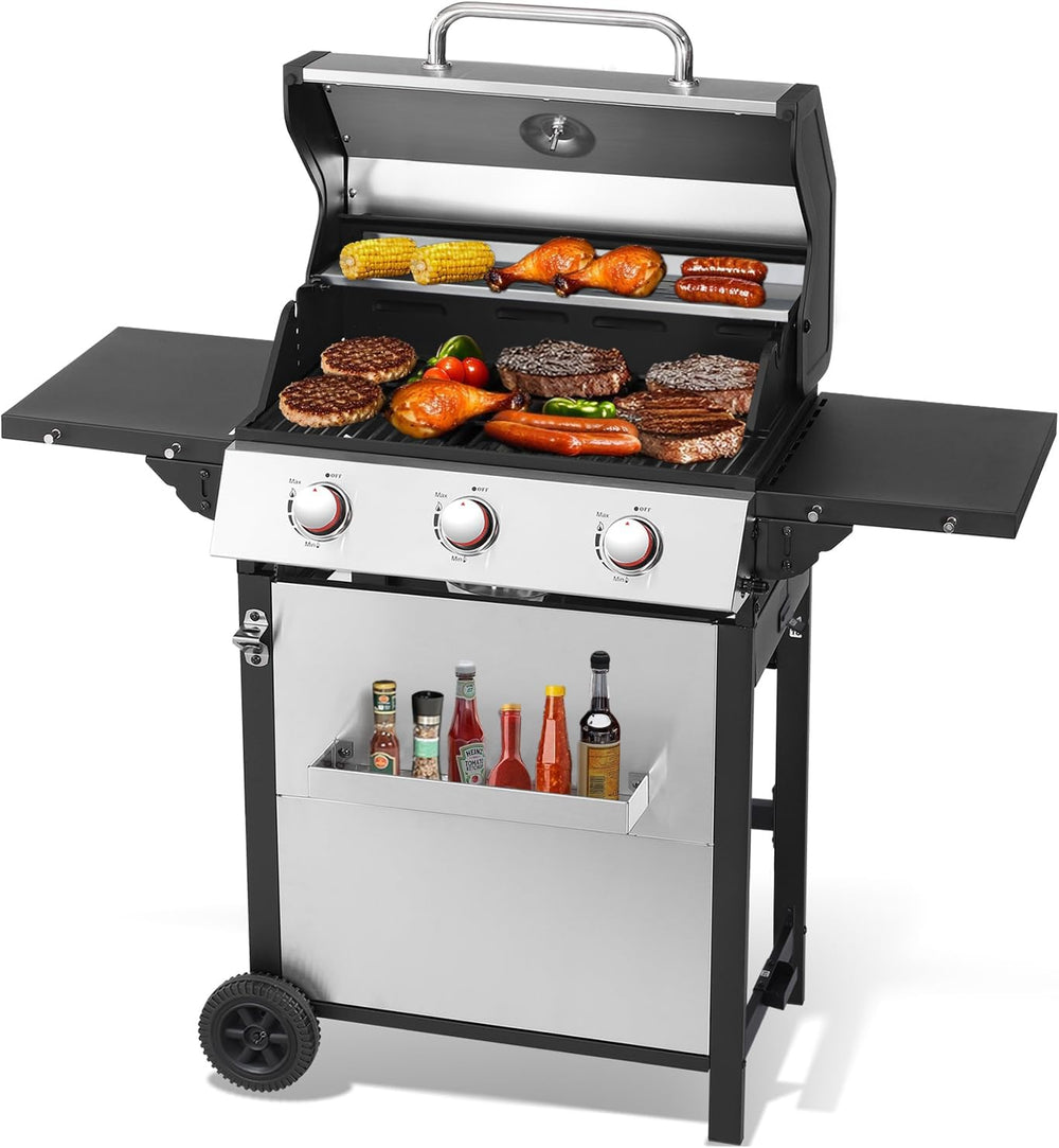 3 Burner Propane Gas Grill, Stainless Steel Cabinet with Side Table & Ful...