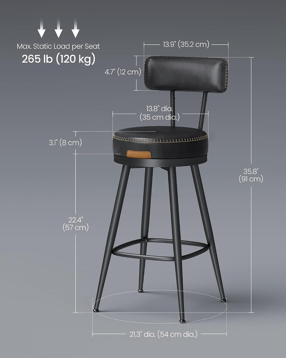 VASAGLE Bar Stools Set of 2, Swivel Counter Height with Back, 25.6-Inch