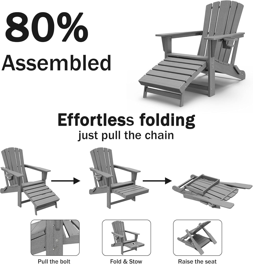 Folding Adirondack Chair with Retractable Ottoman Set of 2,HDPE Outdoor Adiro...