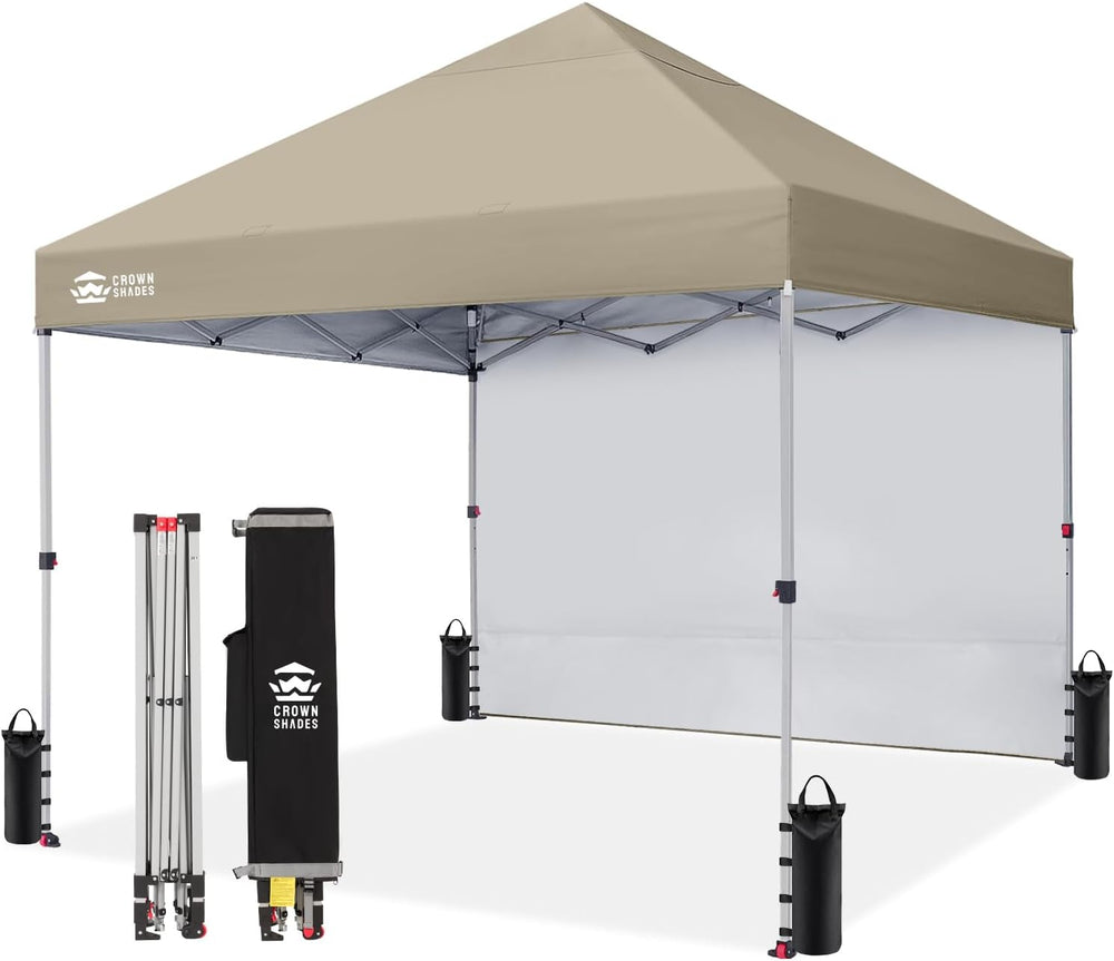 CROWN SHADES 8x8 Pop Up Canopy with 1 Side Wall, Beach Canopy Tent, Beige
