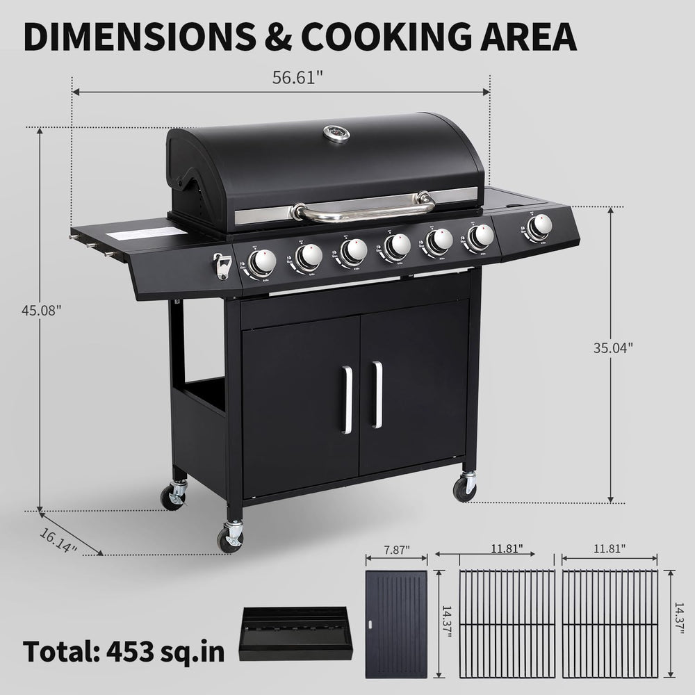 6-Burner Gas Grill with Side Burner, Griddle Combo, 69K BTU