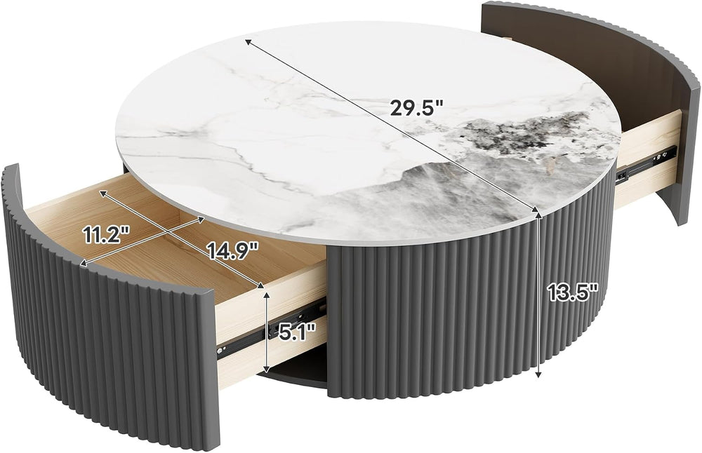 Round Coffee Table with Storage, Modern Movable Coffee Table with Marble Patt...