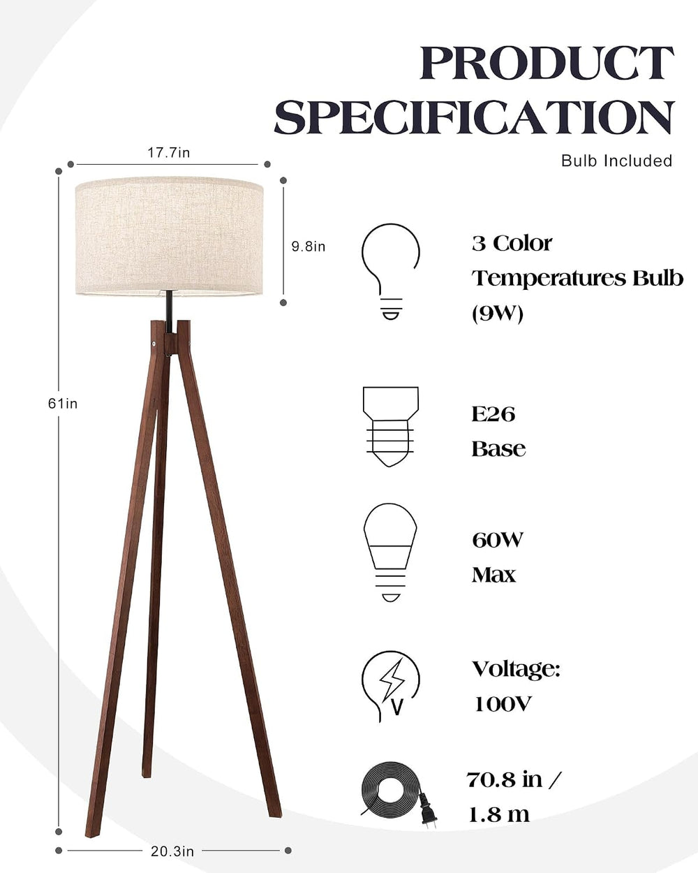 ELYONA Wood Tripod Floor Lamp, Mid Century Reading Standing Lamp with 3 Color...