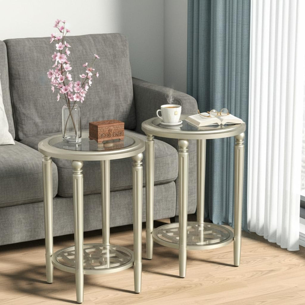 SUNBURY Set of 2 Modern End Tables with Tempered Glass Tops & Glass Lower...