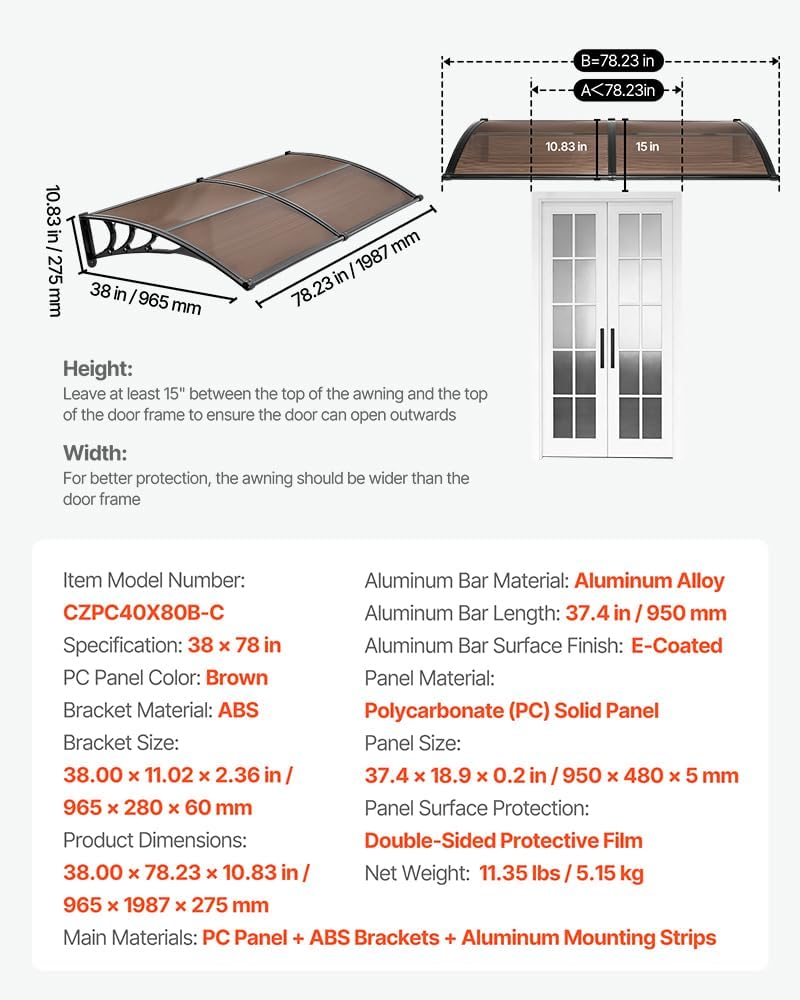 VEVOR Awnings for Door Entrance 38" x 78" Window Awning Canopy Exte...