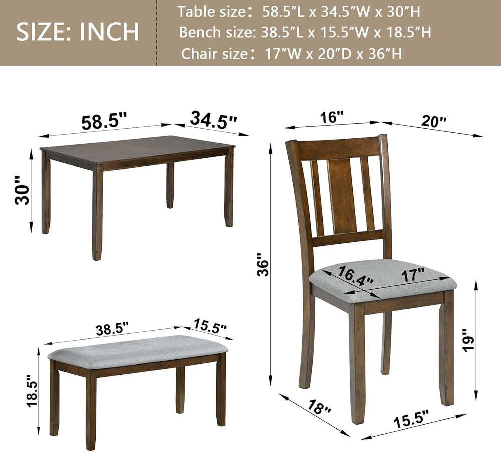 Merax 6 Piece Kitchen Dining Set, Rectangular Wooden Dining Table with 4 Upho...