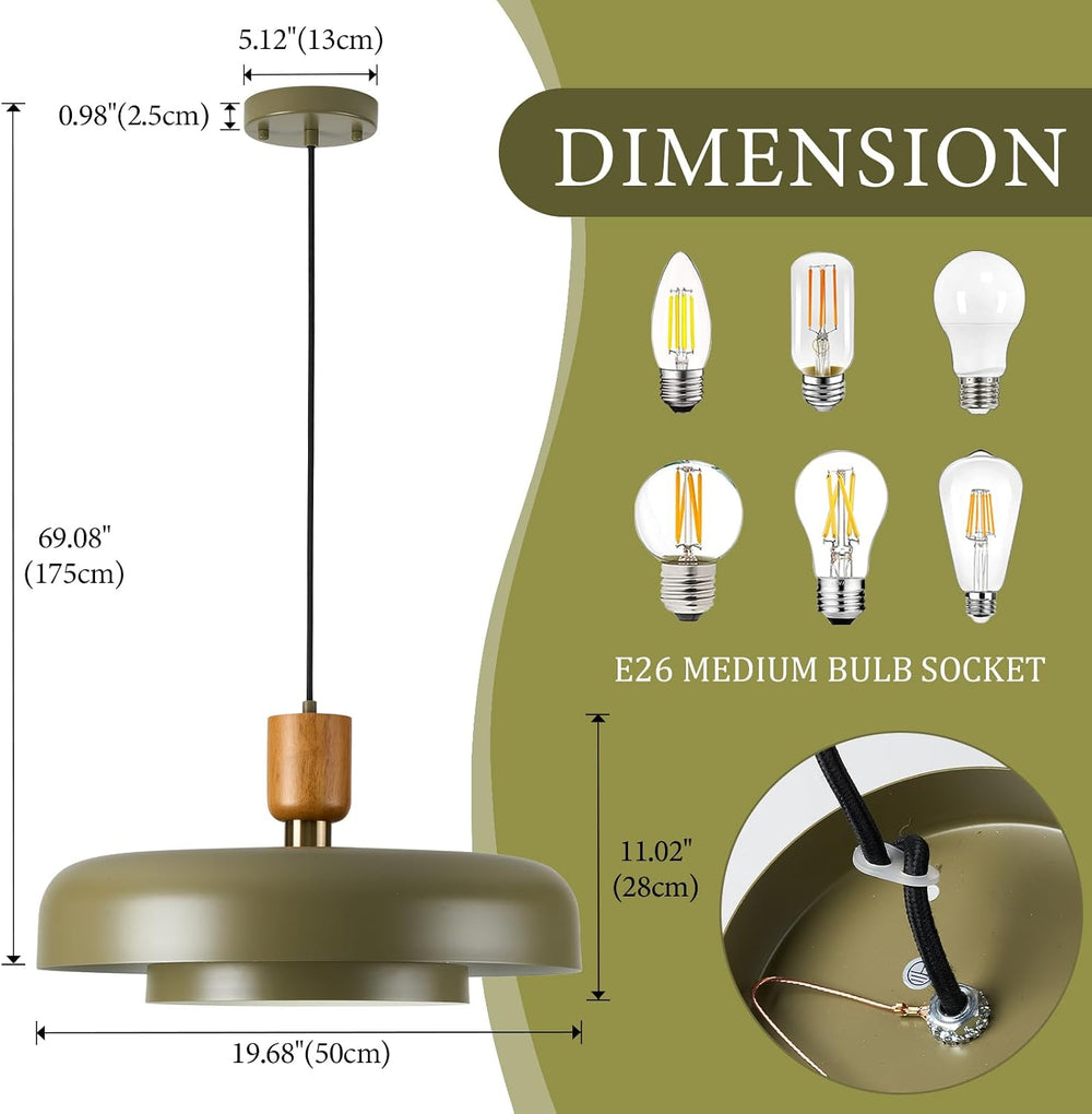 Mid Century Pendant Light 19.68", Natural Wood Brass, Deep Green