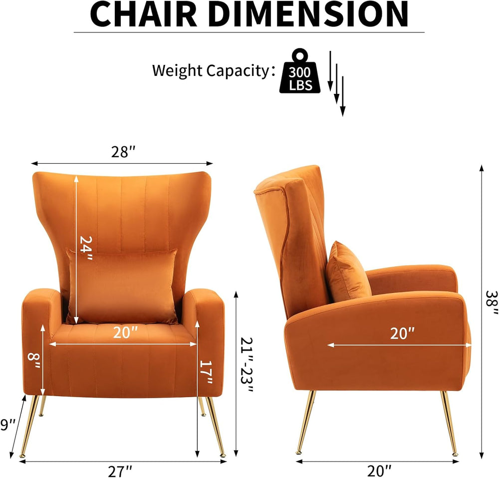 Modern Accent Chairs Set of 2, Wingback Chair with Arm & Gold Legs, Livin...