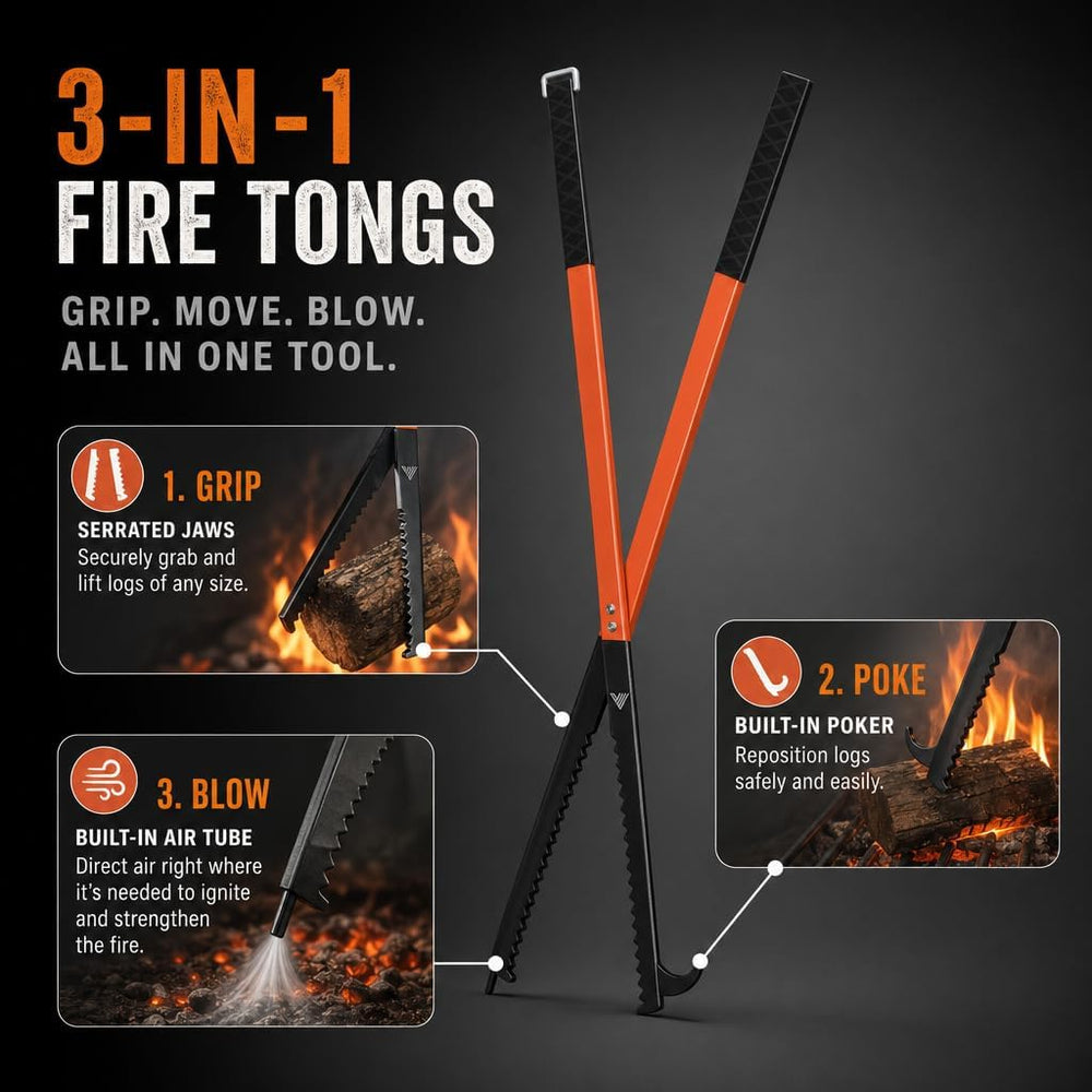41" Heavy Duty Fire Pit Tongs & Log Grabber - Extra Long Steel Firep...