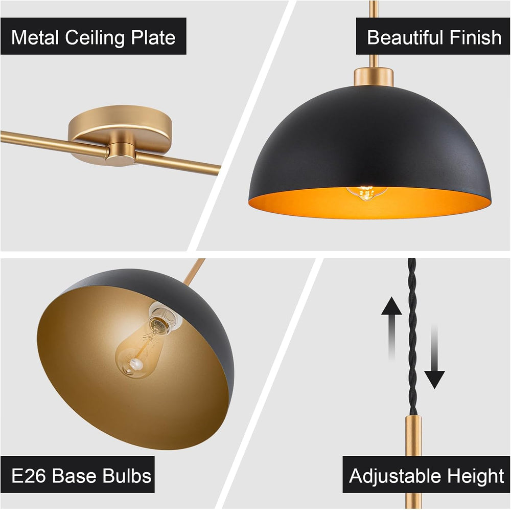 2 Light Black and Gold Dome Pendant Lights Kitchen Island