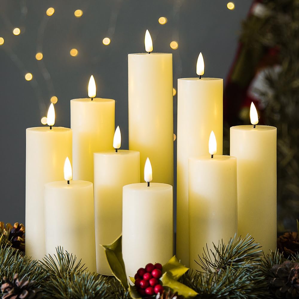 Eywamage Ivory Tall Flameless LED Pillar Candles with Remote Set of 9